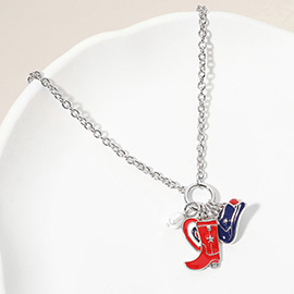 Enamel American USA Flag Western Cowboy Boot Hat Heart Pearl Charm Pendant Necklace