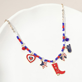 Enamel American USA Flag Western Boot Hat Bow Star Heart Charm Beaded Necklace