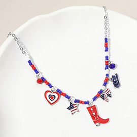 Enamel American USA Flag Western Boot Hat Bow Star Heart Charm Beaded Necklace
