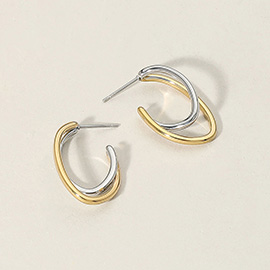 Stainless Steel Two Tone Split Oval Hoop Earrings