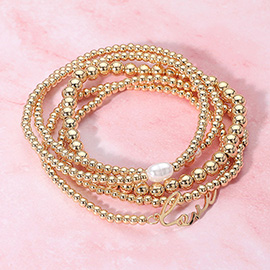 5PCS - LOVE Message Metal Ball Pearl Beaded Stretch Multi Layered Bracelets