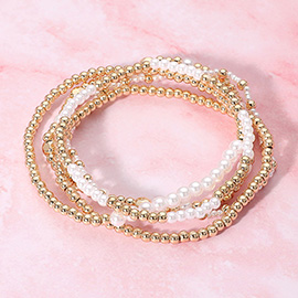 5PCS - Metal Ball Pearl Beaded Stretch Multi Layered Bracelets