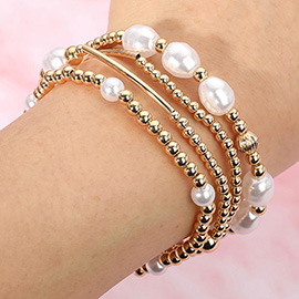 4PCS - Pearl Metal Ball Beaded Stretch Multi Layered Bracelets