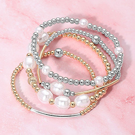 4PCS - Pearl Metal Ball Beaded Stretch Multi Layered Bracelets