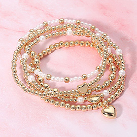 5PCS - Metal Heart Charm Pearl Ball Beaded Stretch Multi Layered Bracelets