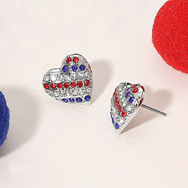 American USA Flag Colored Stone Paved Heart Stud Earrings