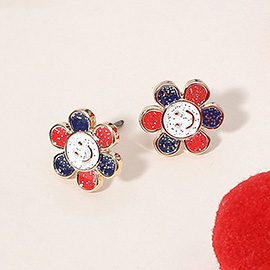 Glittered Enamel American USA Flag Colored Smile Flower Stud Earrings