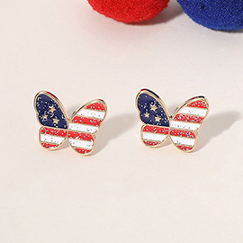 Enamel Sparkly American USA Flag Butterfly Stud Earrings