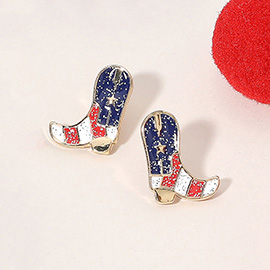 Glittered Enamel American USA Flag Cowboy Boot Stud Earrings