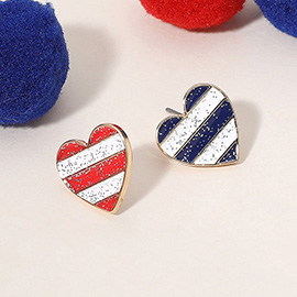 Enamel Sparkly American USA Flag Heart Stud Earrings