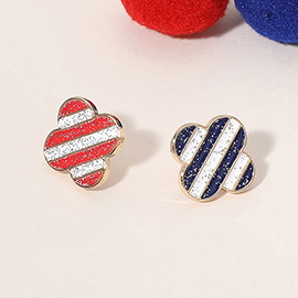 Enamel Sparkly American USA Flag Quatrefoil Stud Earrings