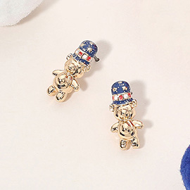 Glittered Enamel American USA Flag Top Hat Teddy Bear Stud Earrings