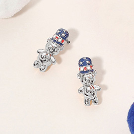 Glittered Enamel American USA Flag Top Hat Teddy Bear Stud Earrings