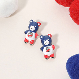 Enamel American USA Flag Colored Teddy Bear Stud Earrings