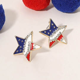 Stone Paved Enamel American USA Flag Star Stud Earrings