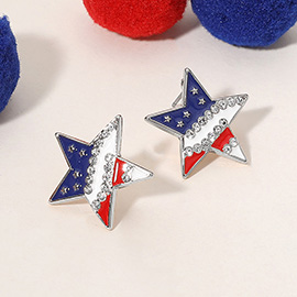 Stone Paved Enamel American USA Flag Star Stud Earrings