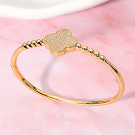 Stone Paved Quatrefoil Pointed Hinged Bangle Bracelet