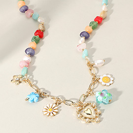 Metal Heart Enamel Smile Flower Pearl Charm Station Stone Beaded Necklace