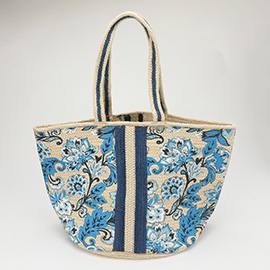 Floral Pattern Print Woven Straw Tote Bag