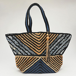 Chevron Woven Wooden Tassel Straw Tote Bag