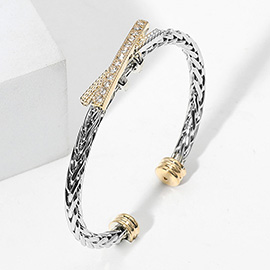 Stone Paved Crisscross Pointed Braided Metal Cuff Bracelet