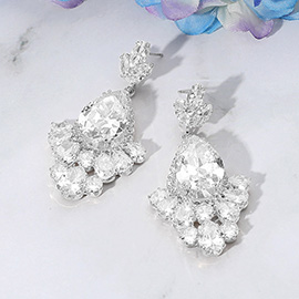 Teardrop CZ Stone Cluster Chandelier Dangle Evening Earrings