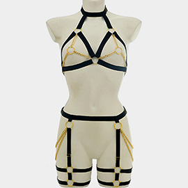 Metal Ring Chain Detail Strappy Body Harness Lingerie Set