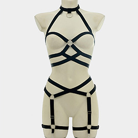 Geometric Design O Ring Accented Strappy Full Body Harness Lingerie