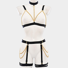 Layered Metal Chain Choker Adjustable Strappy Body Harness Lingerie Set
