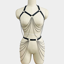 Metal Layered Draped Chain Accented Body Harness Lingerie Set