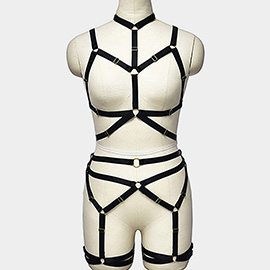 Metal Ring Accented Elastic Strap Full Body Harness Lingerie Set