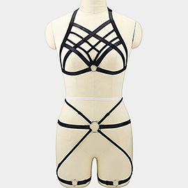 Metal Ring Accented Crisscross Strappy Body Harness Lingerie