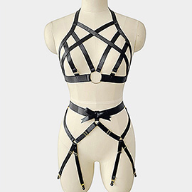 Bow Point Garter Strap Accented Crisscross Strappy Body Harness Lingerie