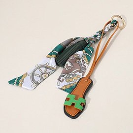 Faux Leather Slipper Keychain / Bag Charm with Tassel Abstract Pattern Printed Mini Scarf
