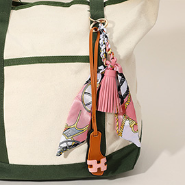Faux Leather Slipper Keychain / Bag Charm with Tassel Abstract Pattern Printed Mini Scarf
