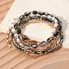 5PCS - Pearl Metal Faceted Beaded Stretch Multi Layered Bracelets