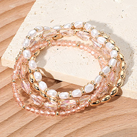 5PCS - Pearl Metal Faceted Beaded Stretch Multi Layered Bracelets