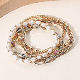 5PCS - Pearl Metal Faceted Beaded Stretch Multi Layered Bracelets