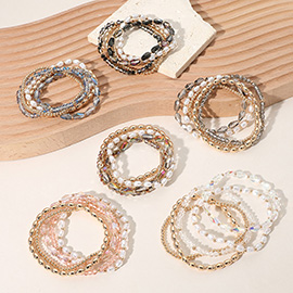 5PCS - Pearl Metal Faceted Beaded Stretch Multi Layered Bracelets