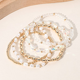 5PCS - Pearl Metal Faceted Beaded Stretch Multi Layered Bracelets