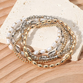 5PCS - Pearl Metal Faceted Beaded Stretch Multi Layered Bracelets