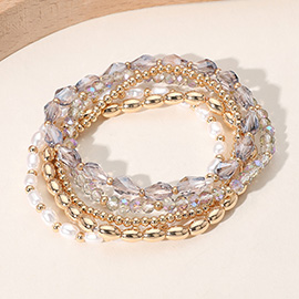 5PCS - Pearl Metal Faceted Beaded Stretch Multi Layered Bracelets