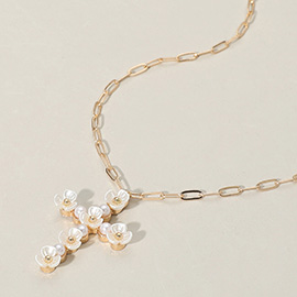 Pearl Flower Cross Pendant Necklace