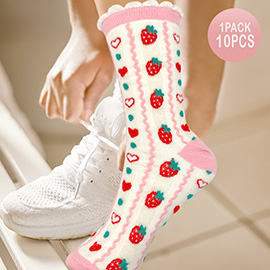 10Pairs - Strawberry Heart Pattern Printed Socks