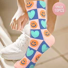 10Pairs - Smile Face Heart Pattern Printed Socks