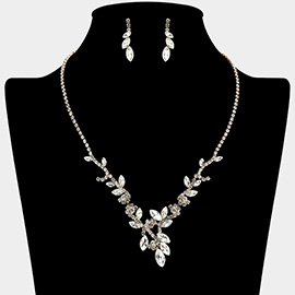 Marquise Stone Cluster Embellished Leaf Vine V Shaped Necklace