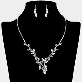 Marquise Stone Cluster Embellished Leaf Vine V Shaped Necklace