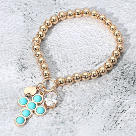 Cross Stone Charm Metal Ball Stretch Bracelet