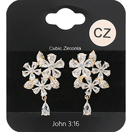 Flower CZ Stone Cluster Embellished Teardrop Dangle Evening Earrings