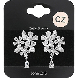 Flower CZ Stone Cluster Embellished Teardrop Dangle Evening Earrings